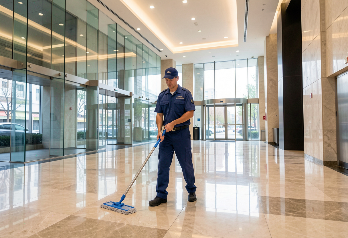 Professional commercial cleaner in uniform mopping a modern apartment building lobby
