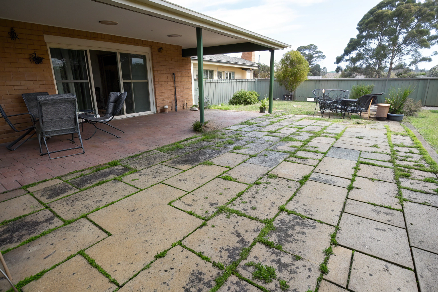 algae-covered-patio-newcastle-before-cleaning algae and mould stained concrete patio Newcastle before pressure cleaning