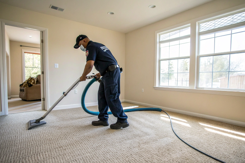 Professional carpet cleaner using hot water extraction machine in vacant Newcastle rental property