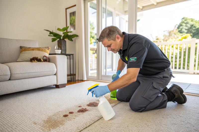 Professional applying enzyme treatment to pet urine stain on carpet in Newcastle home