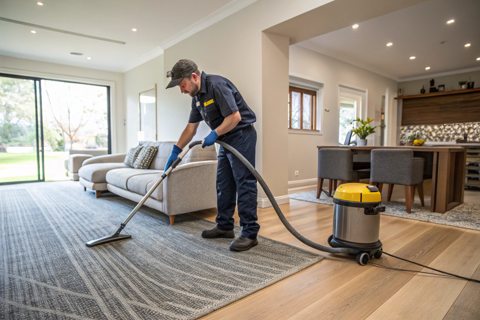 hot-water-extraction-carpet-cleaning-newcastle Carpet cleaning technician using hot water extraction equipment on residential lounge room carpet in Newcastle