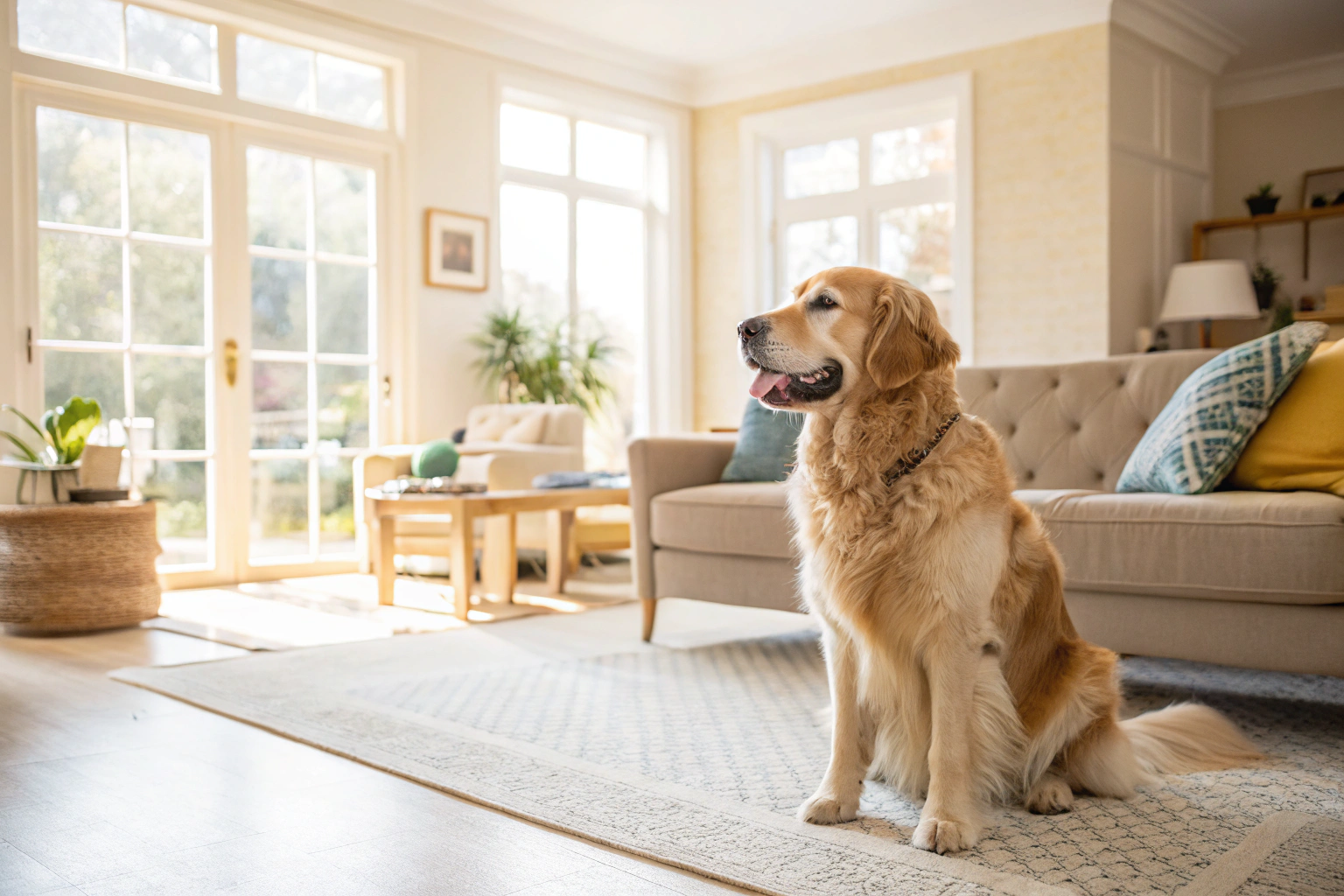 pet-safe-carpet-cleaning-newcastle-family Golden retriever sitting on freshly cleaned carpet in Newcastle family home