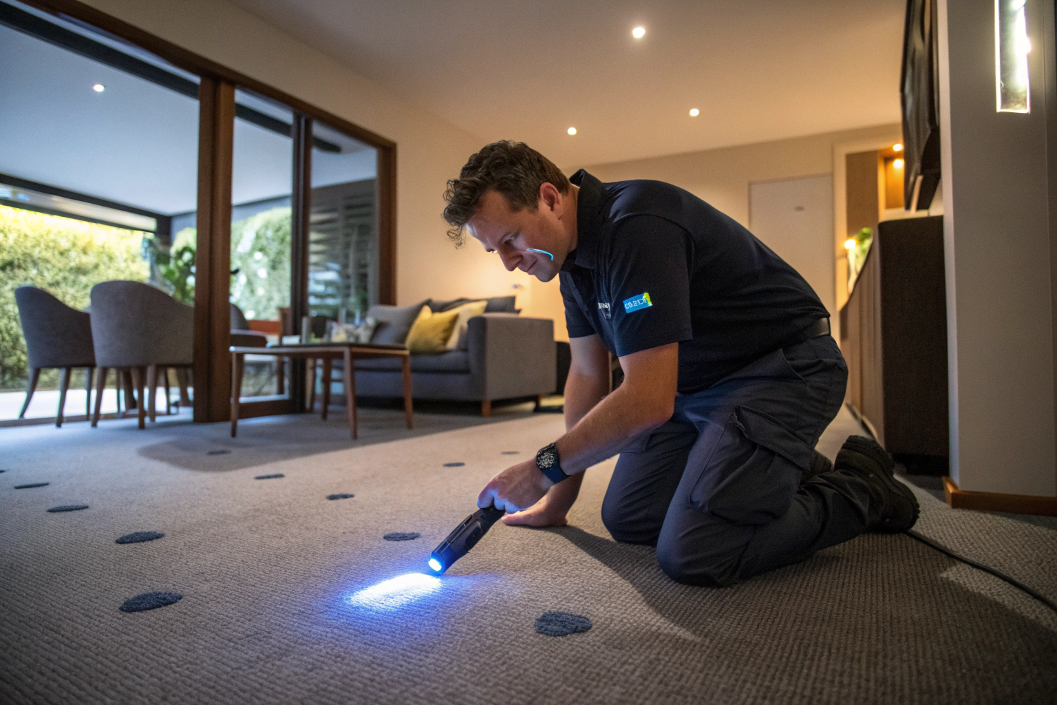 uv-black-light-pet-urine-detection-newcastle Carpet technician using UV black light to detect hidden pet urine stains on Newcastle home carpet