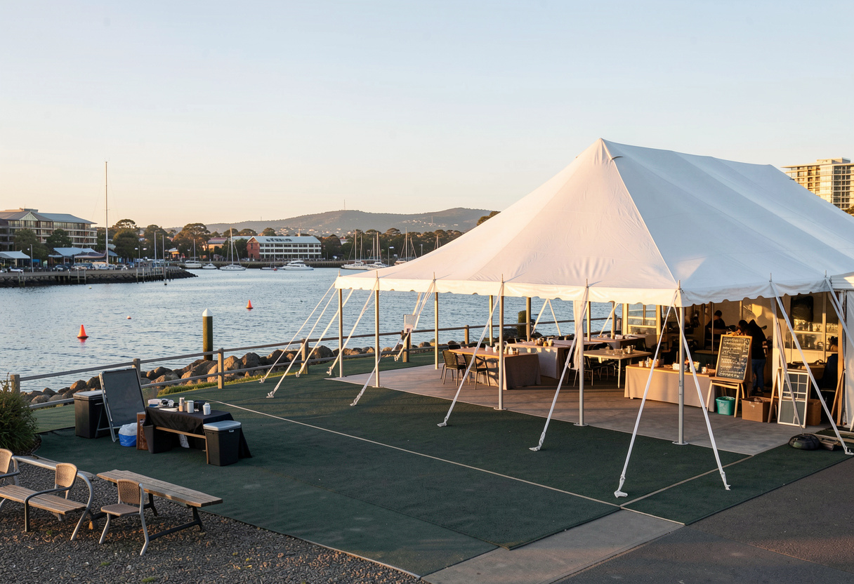 Empty outdoor event pavilion near a Newcastle-style harbour foreshore
