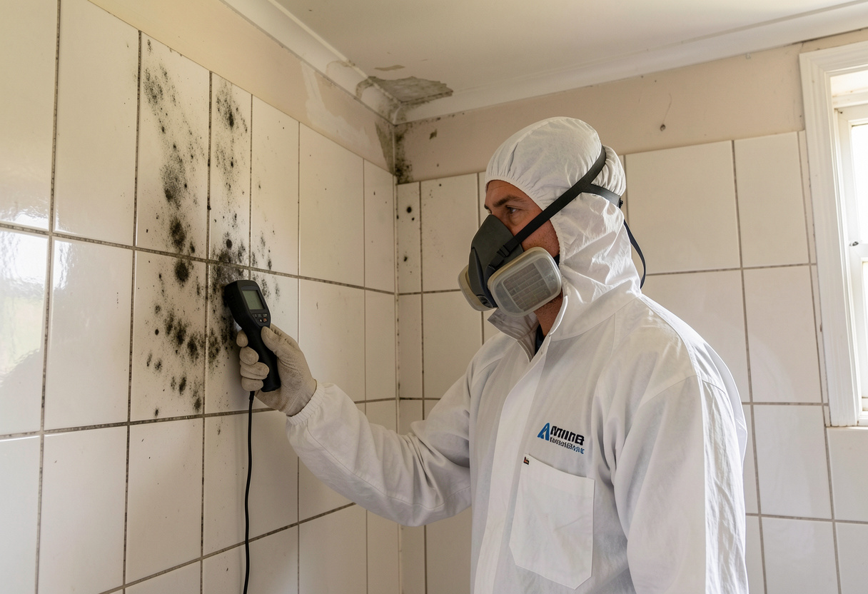 Professional tradesperson in white protective coveralls and respirator mask conducting a mould Removal