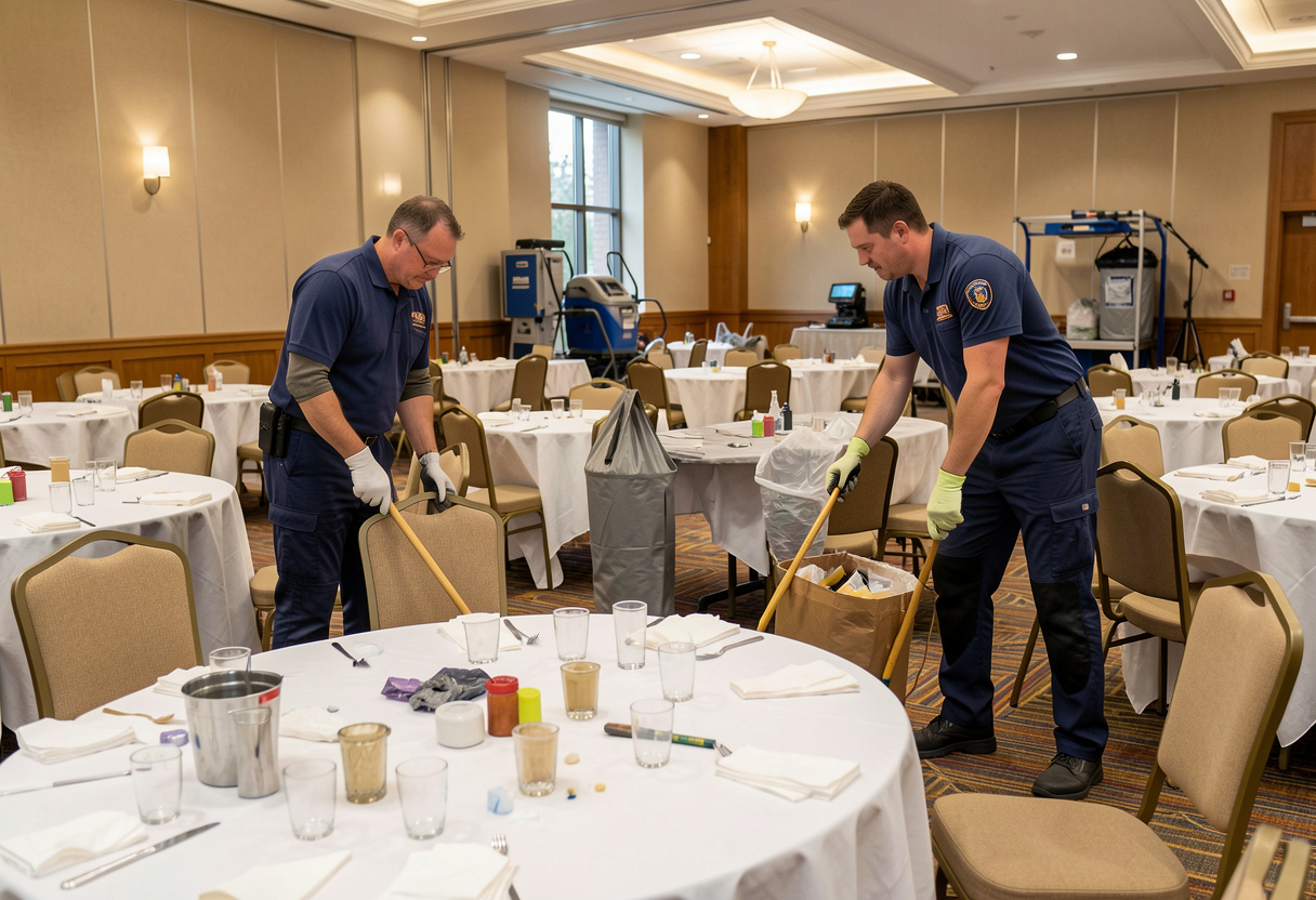 Two cleaners in uniform collecting rubbish and clearing tables in a large function room after an event