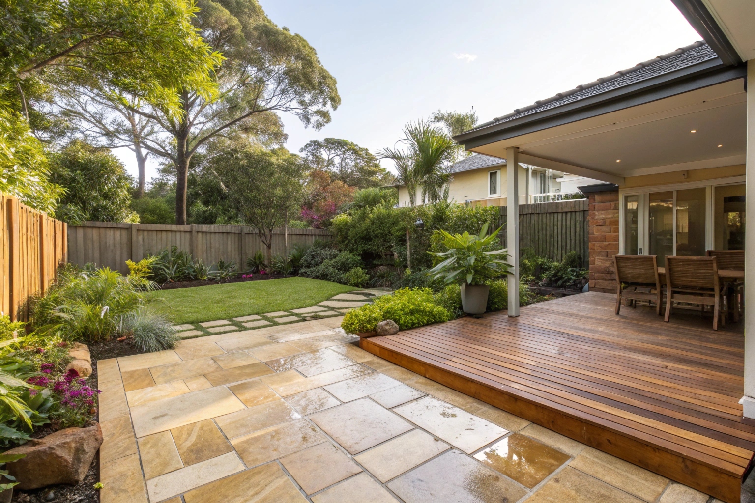 Freshly pressure washed outdoor entertaining area with clean pavers and timber deck