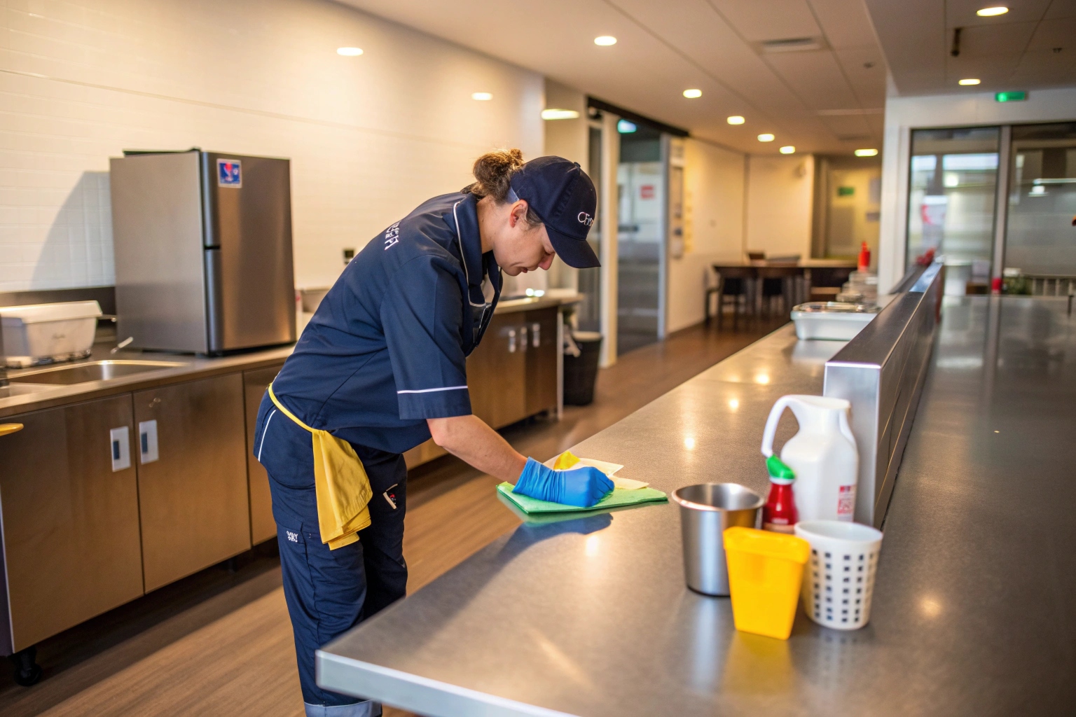 a-professional-cleaner-in-a-uniform-wiping-down-a- Professional cleaner sanitizing office kitchen during commercial cleaning service Newcastle