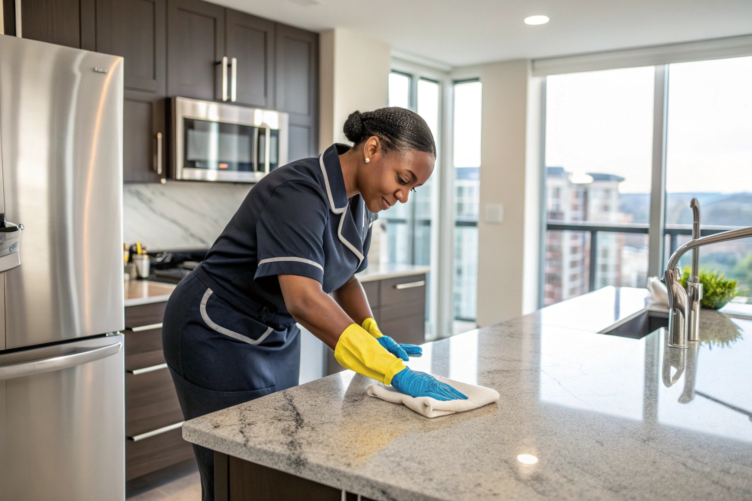 Professional end of lease cleaner deep cleaning modern apartment kitchen in Warners Bay