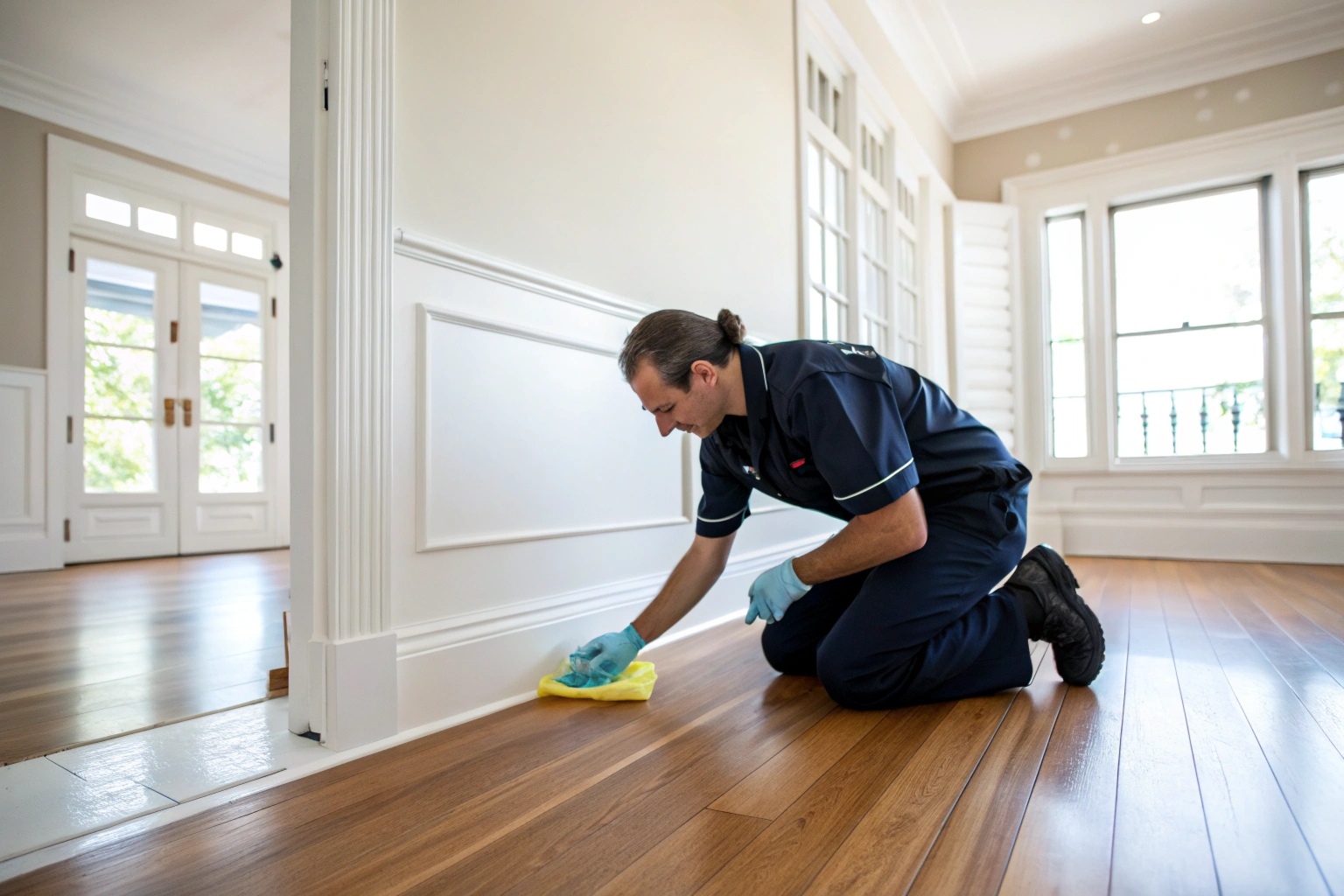 Move out cleaner wiping skirting boards in vacant Newcastle home before final inspection