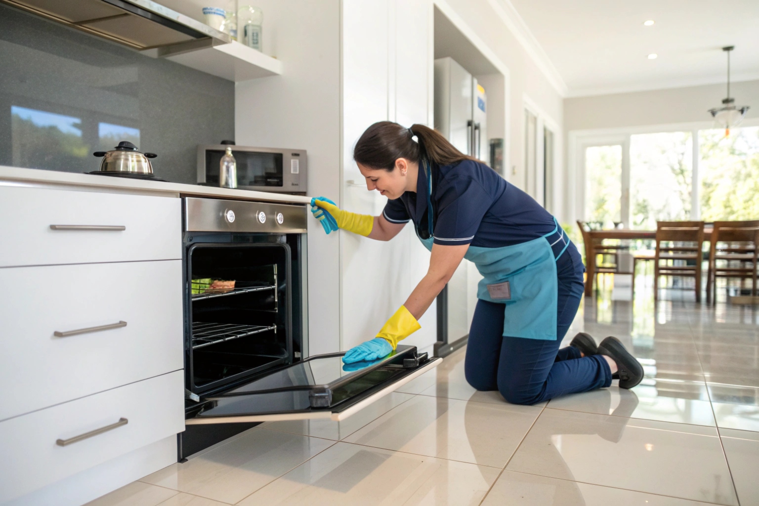 Professional move out cleaner deep cleaning oven in empty Newcastle rental property