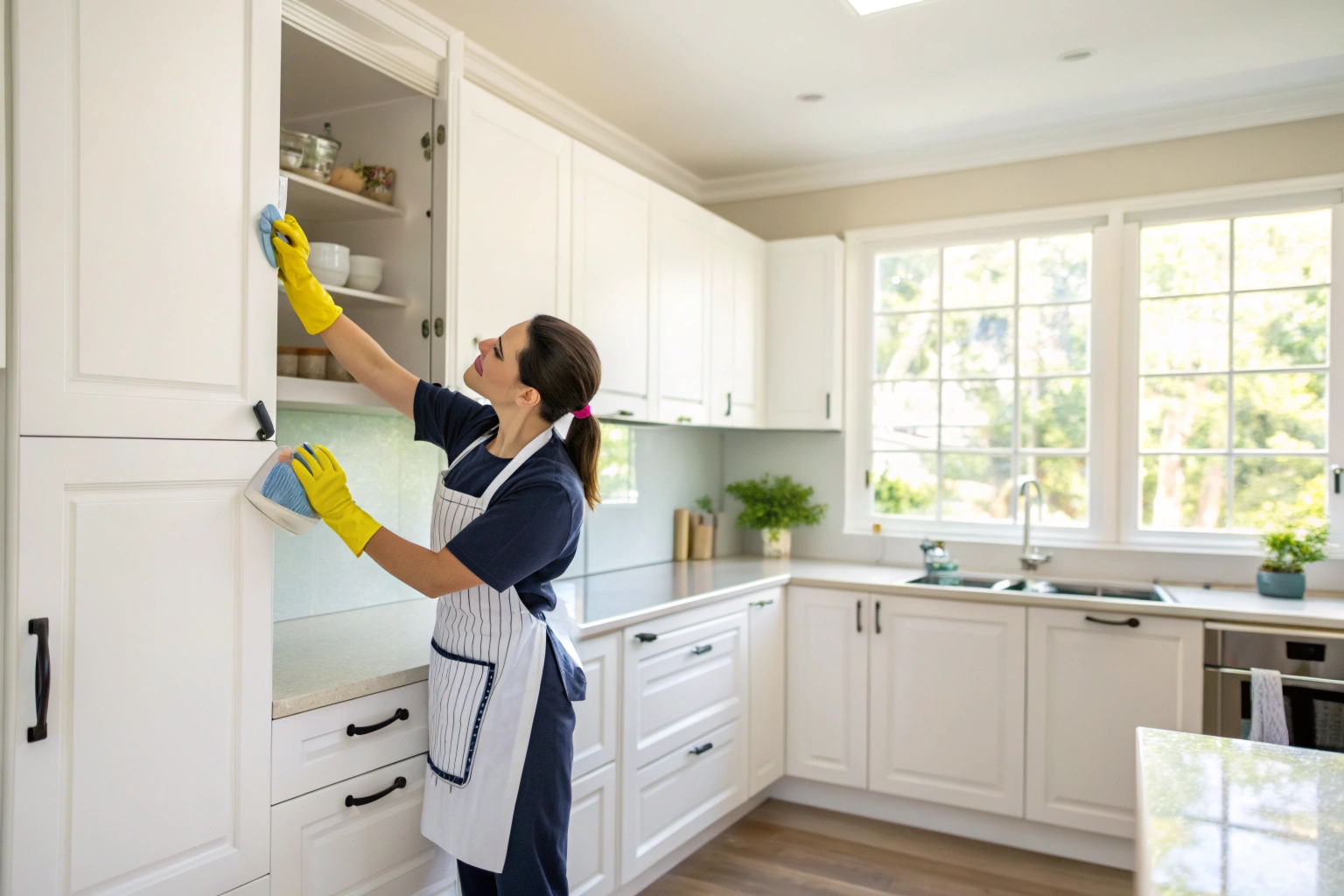 Professional cleaner wiping inside kitchen cupboards during move in clean