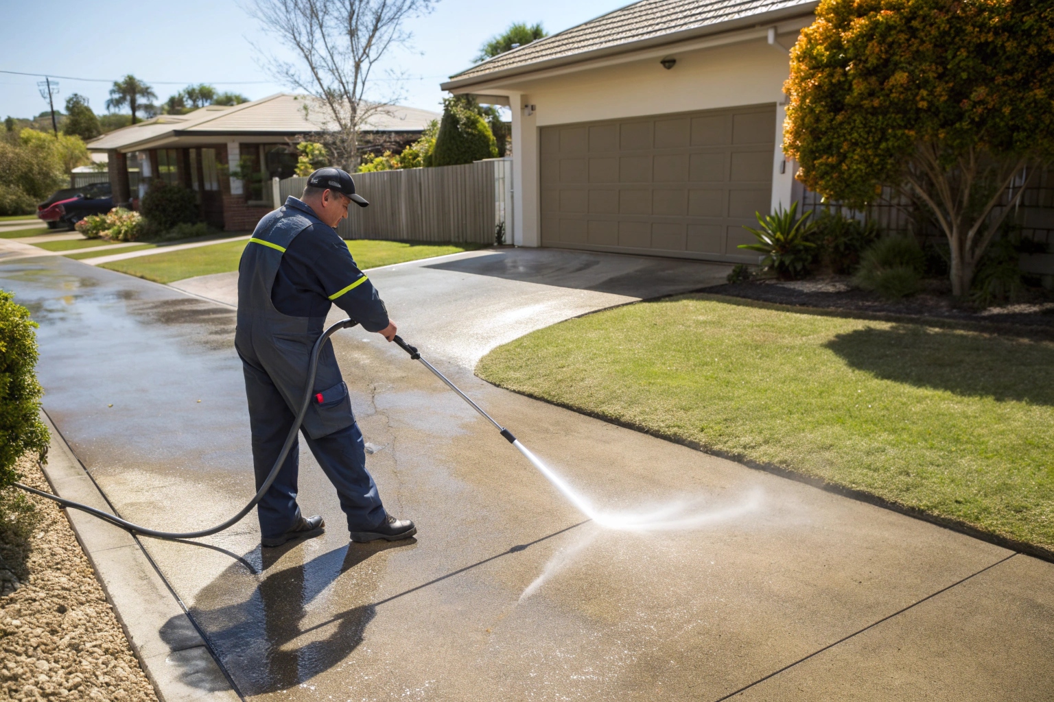 Professional pressure washing a concrete driveway at a Newcastle suburban home