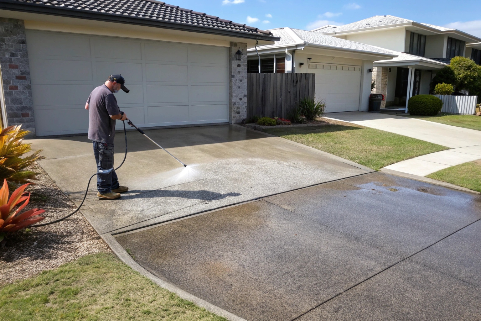 Concrete driveway pressure washing service Newcastle showing before and after cleaning results