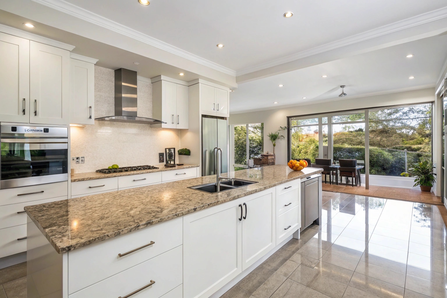 Professionally cleaned modern kitchen with stone benchtops ready for end of lease inspection