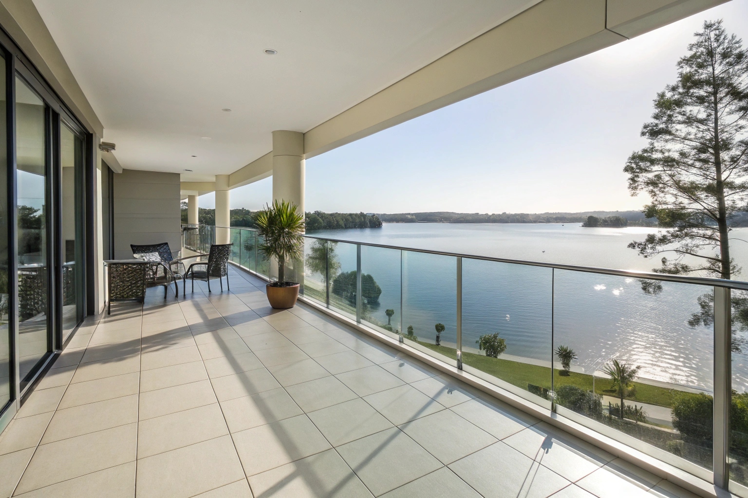 Clean apartment balcony with lake views after professional bond cleaning in Warners Bay