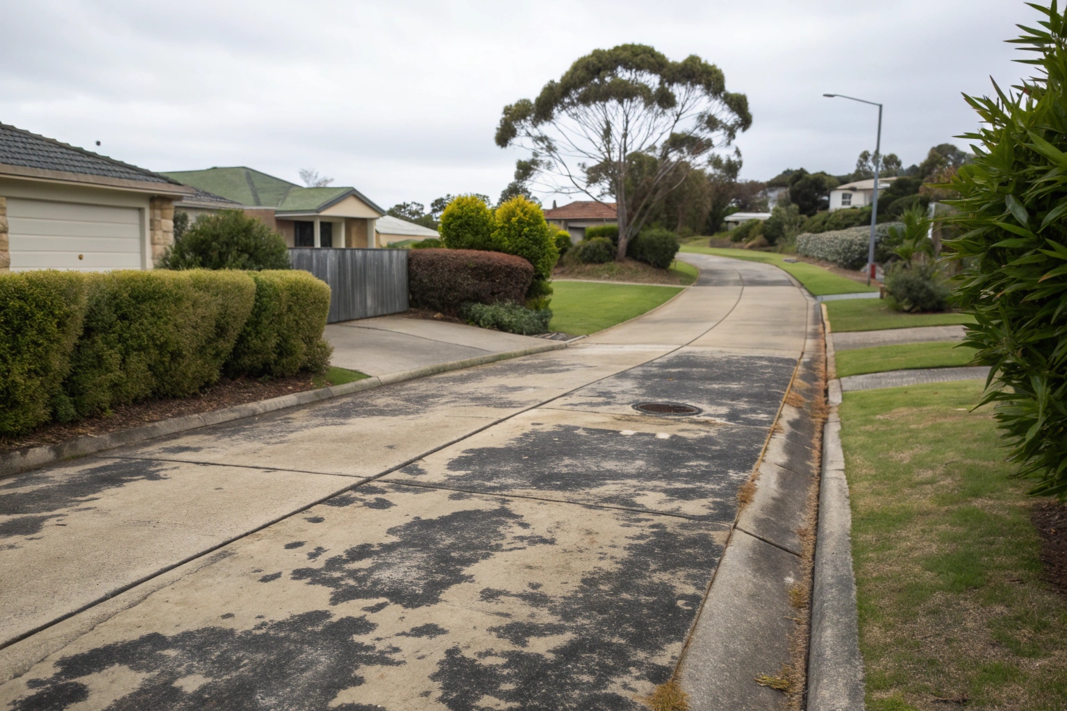 Concrete driveway with coastal mould and algae buildup typical of Newcastle properties