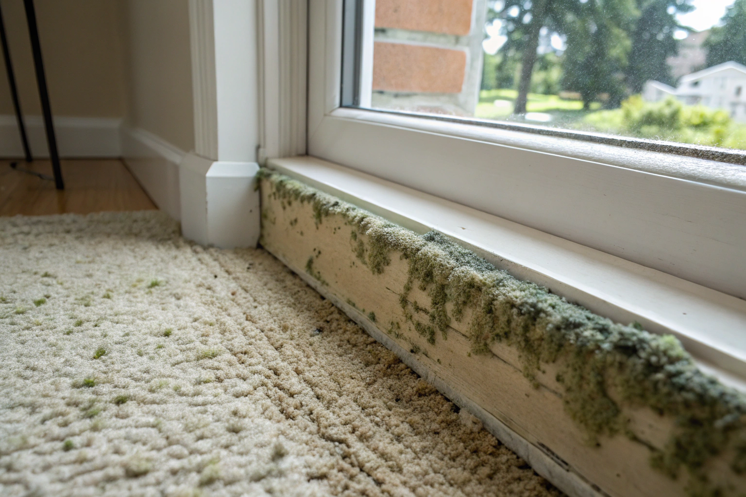 Grey-green mould growing on carpet fibres near skirting board in Newcastle home