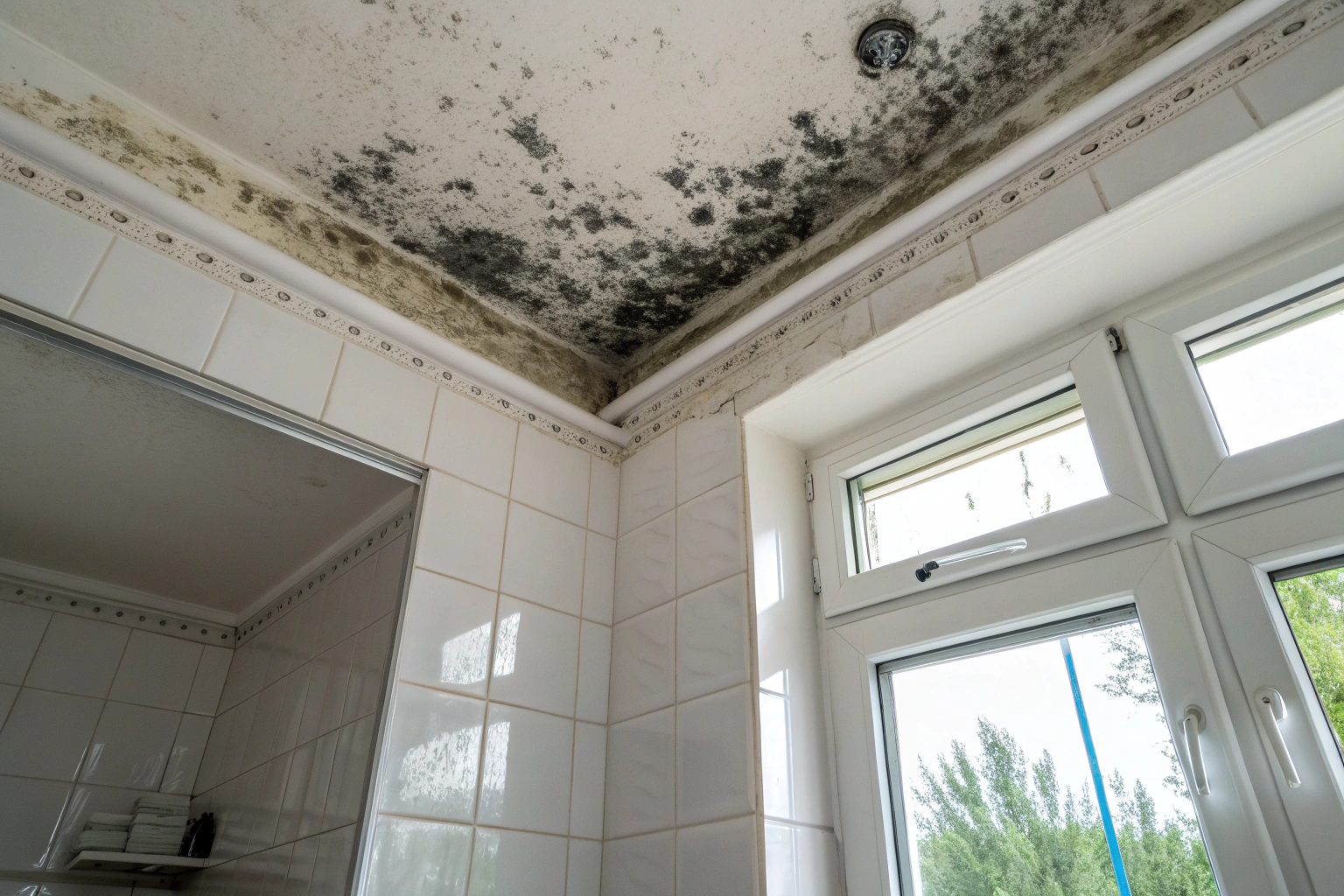 Mould spreading across bathroom ceiling corner in a Newcastle residential home