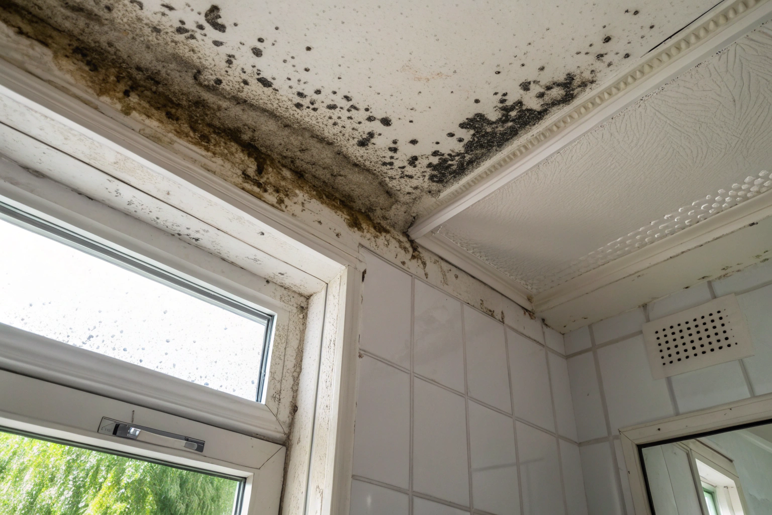 Black mould spreading across bathroom ceiling in Newcastle home