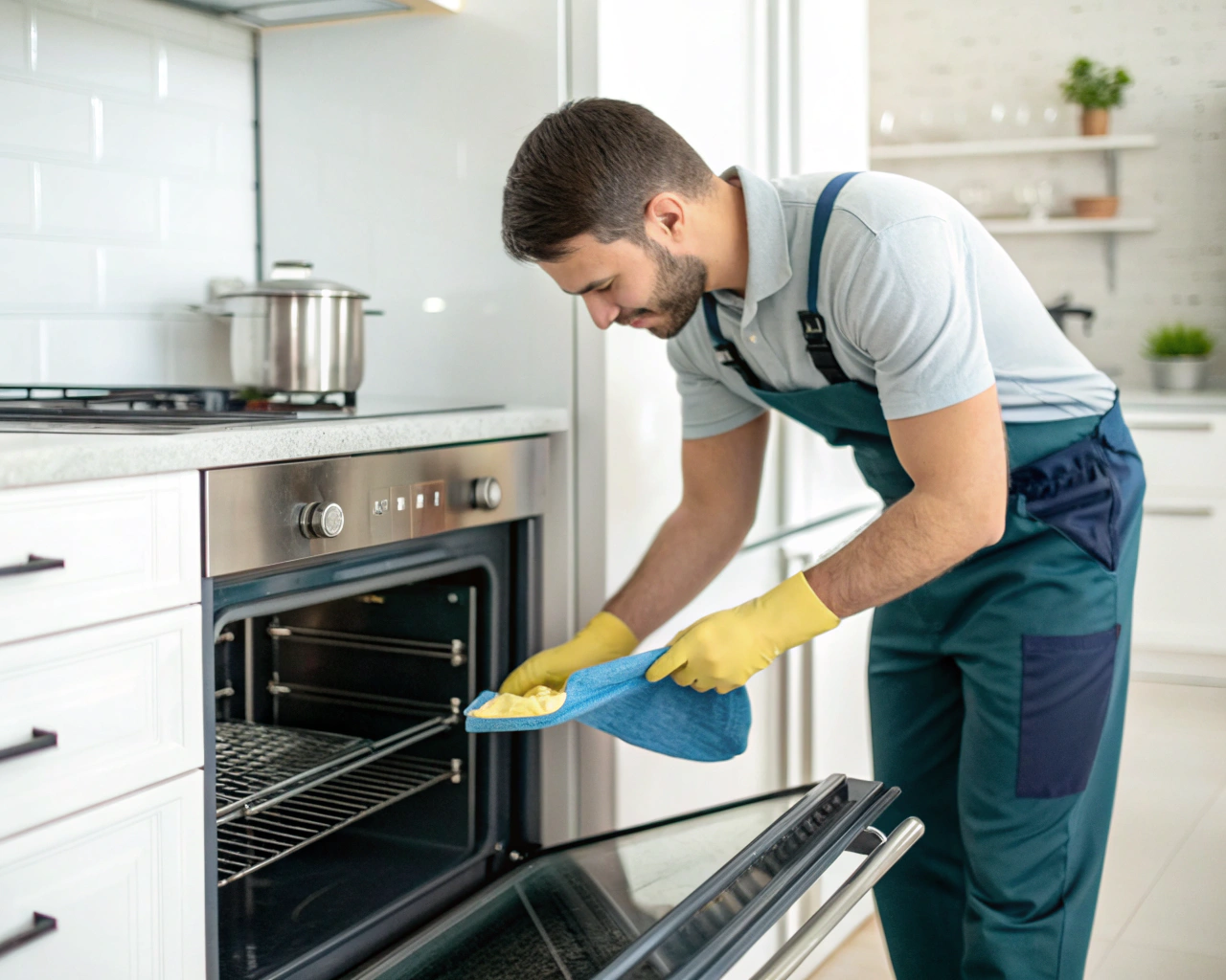 Professional cleaner deep cleaning oven during bond clean in Speers Point