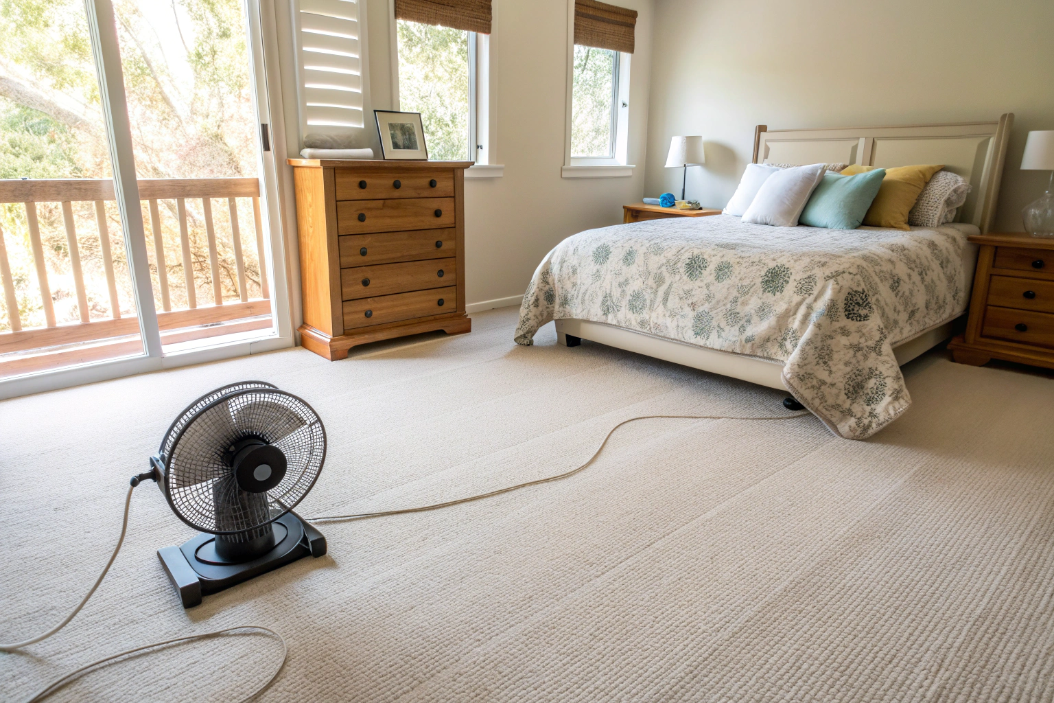 Freshly steam cleaned carpet drying in a Newcastle bedroom