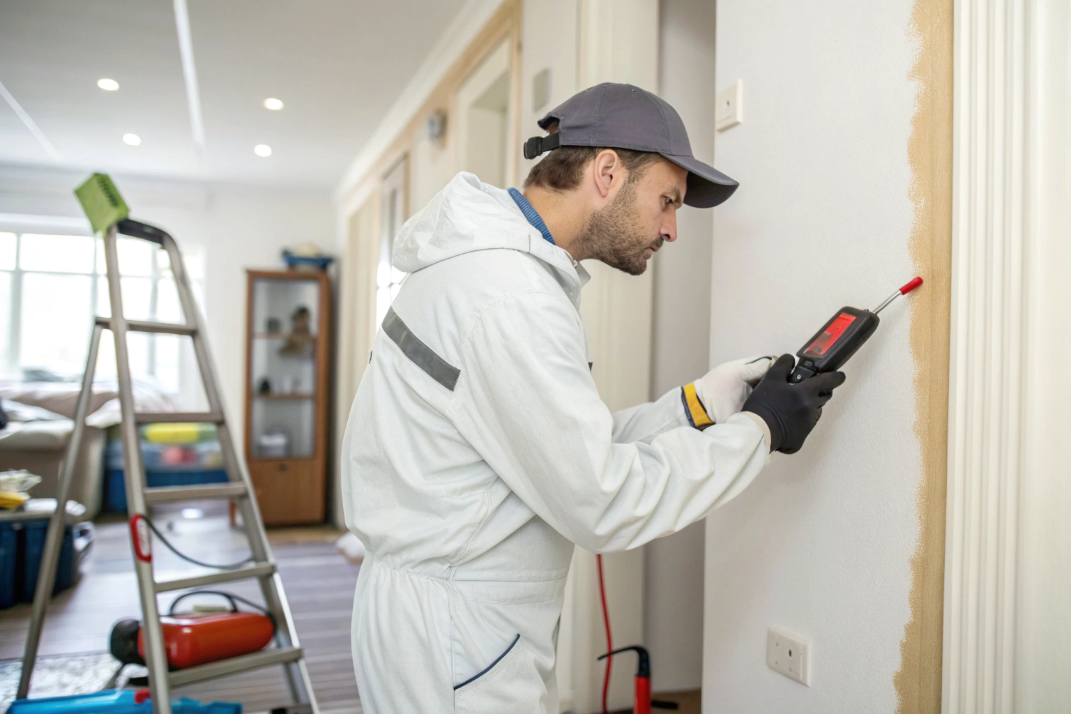 mould-moisture-testing-newcastle-wall Professional testing wall moisture levels during mould assessment Newcastle home