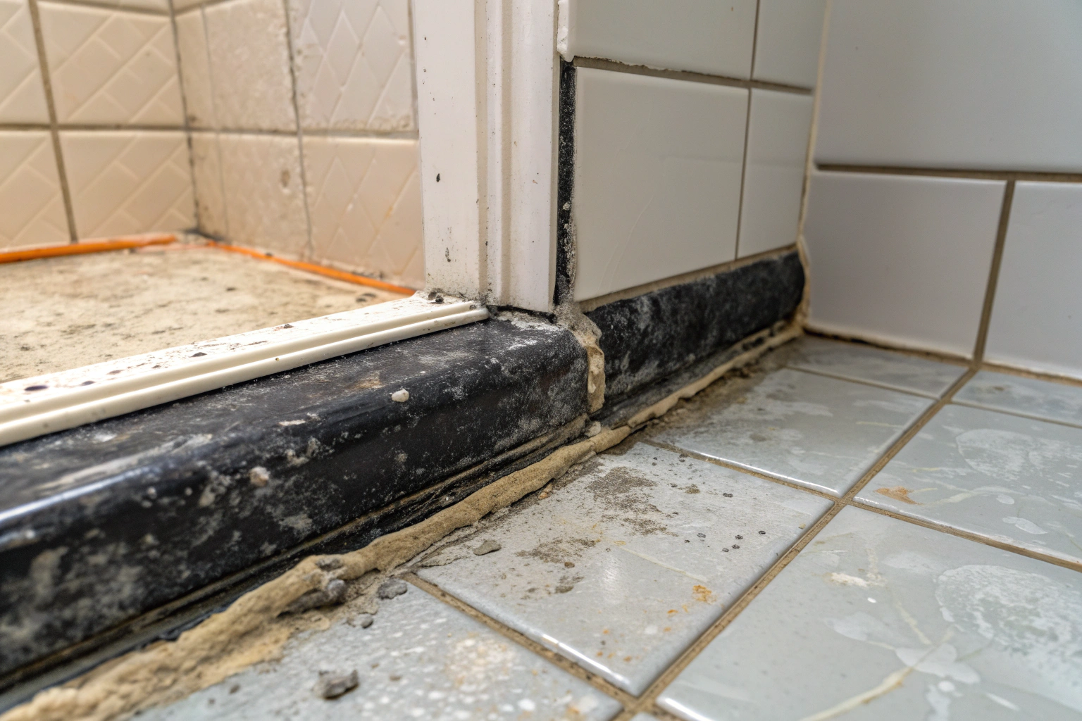 Mouldy discoloured silicone sealant around shower base in Newcastle bathroom