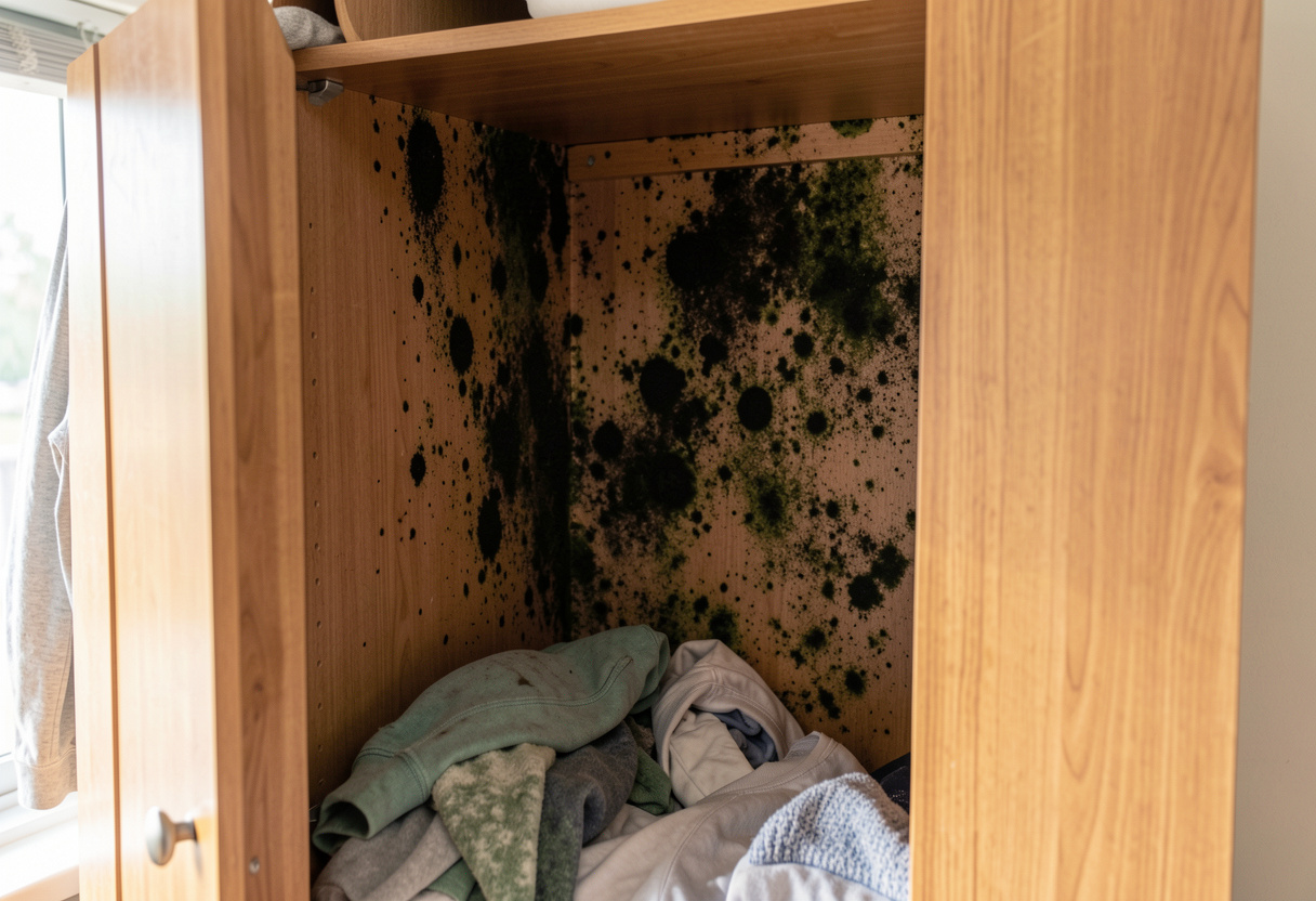 open wardrobe in an Australian home revealing dark black and green mould