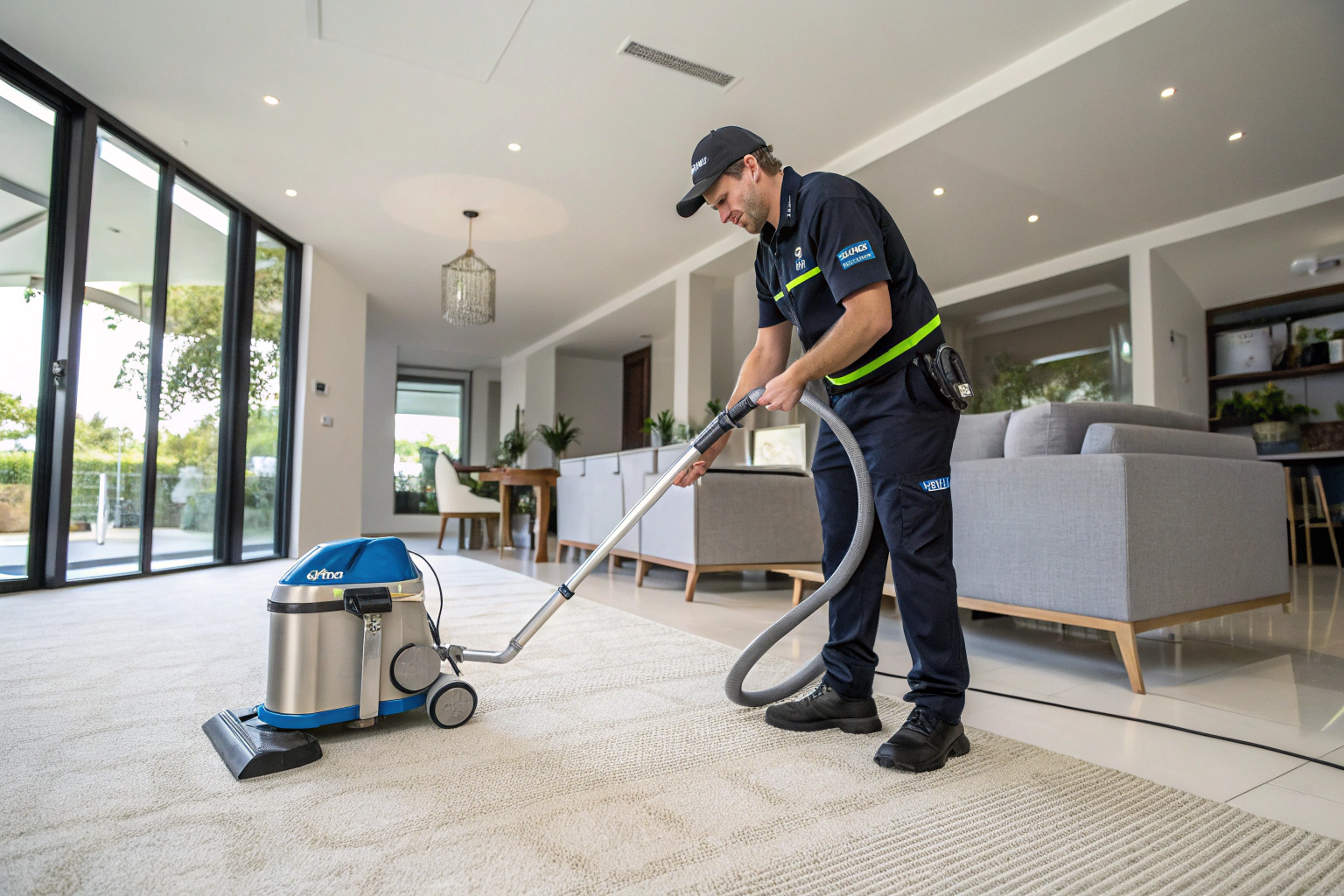 Professional carpet cleaner using hot water extraction machine on mouldy carpet in Newcastle home