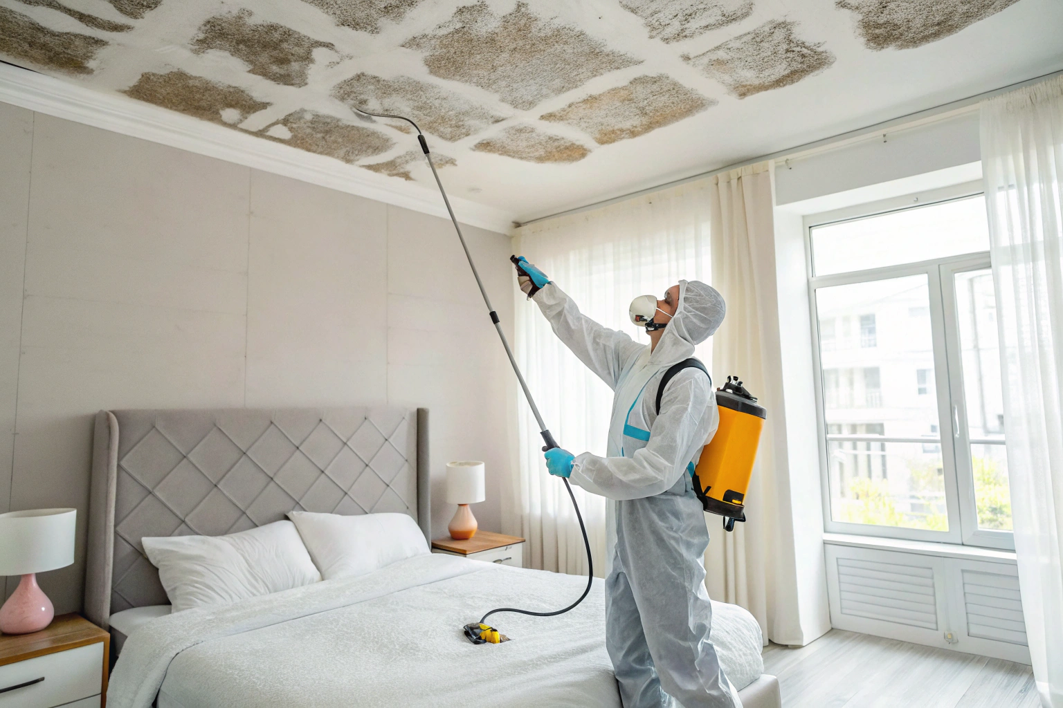 professional-ceiling-mould-treatment-newcastle Professional applying mould treatment to residential ceiling in Newcastle