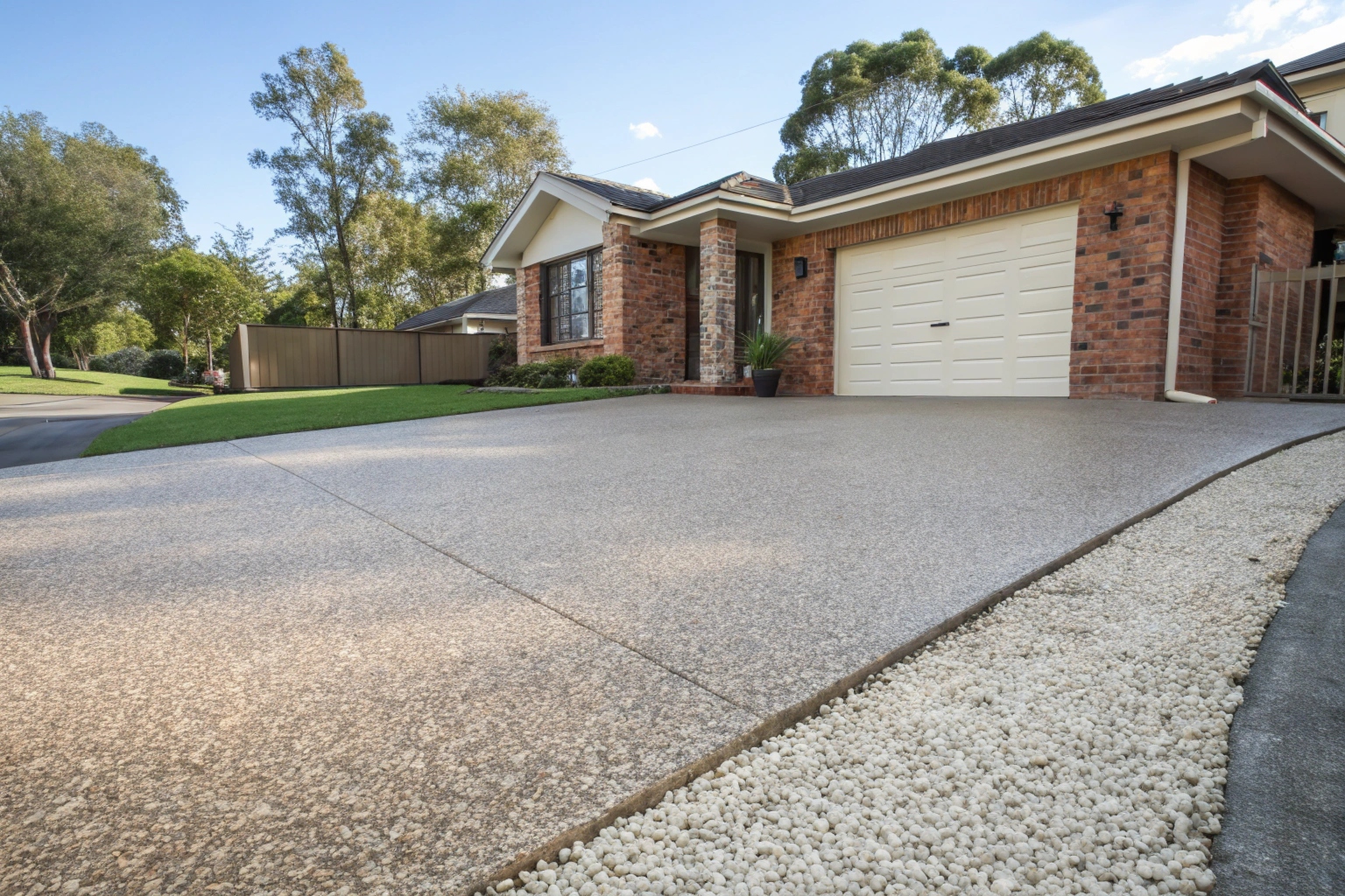 Freshly pressure cleaned exposed aggregate driveway at a Newcastle suburban home