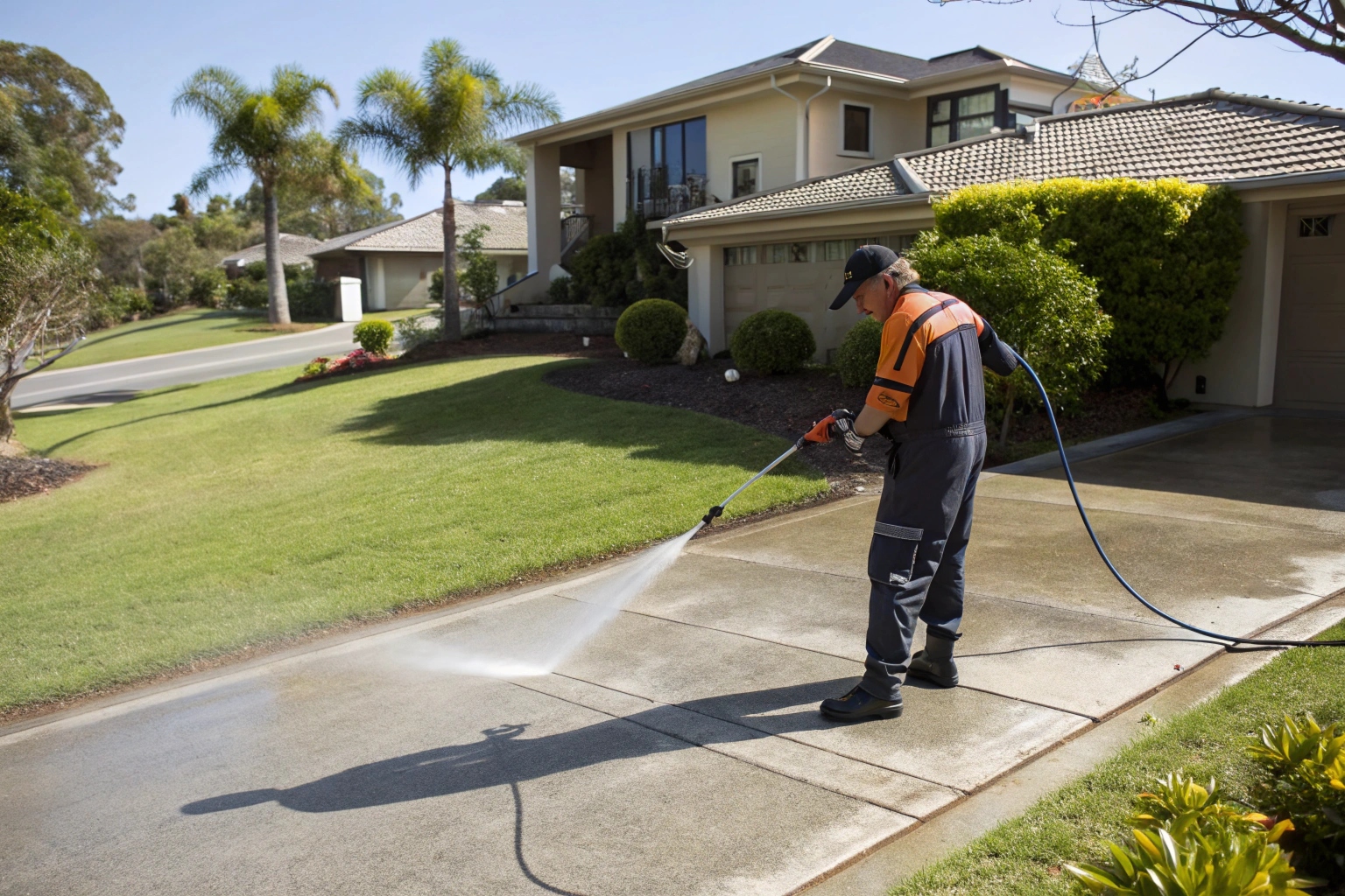 Professional pressure washing a concrete driveway in Newcastle