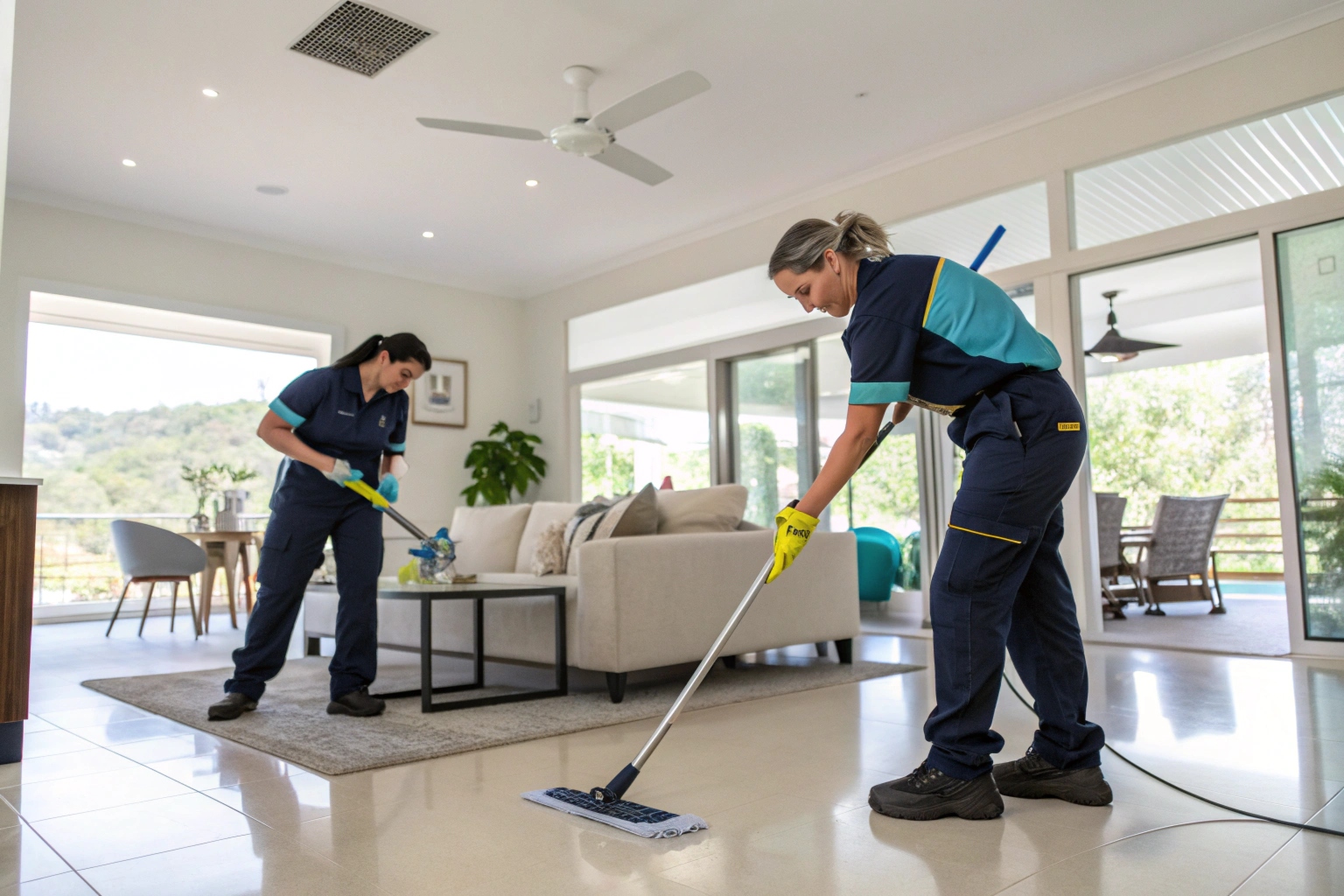 Two professional cleaners completing deep house cleaning in Newcastle home