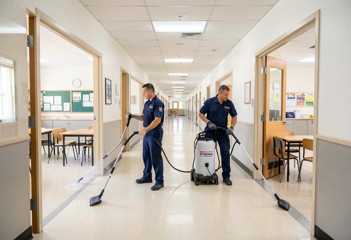 two professional cleaners in uniform in Australian school corridor during school holidays two professional cleaners in uniform in Australian school corridor during school holidays
