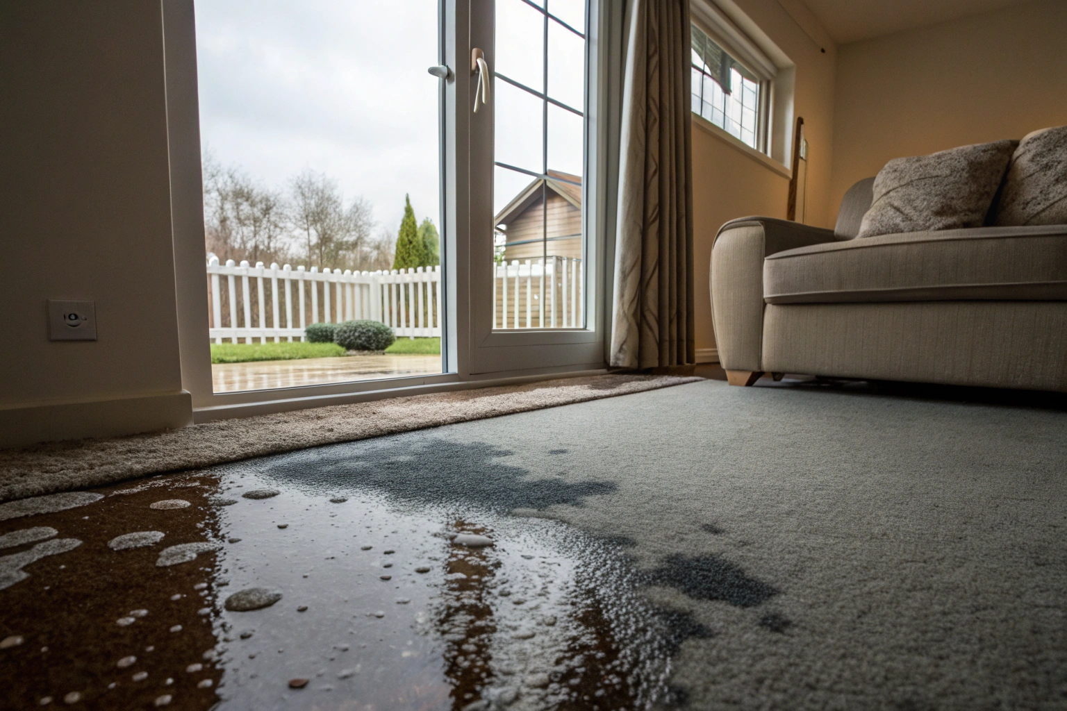 Water pooling on saturated carpet after rain leak in Newcastle residential home